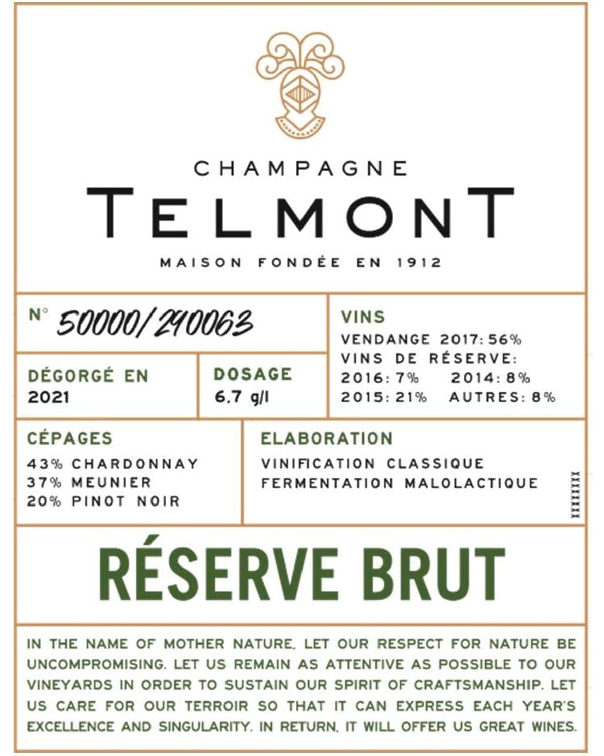 Champagne Telmont Reserve Brut  Front Label