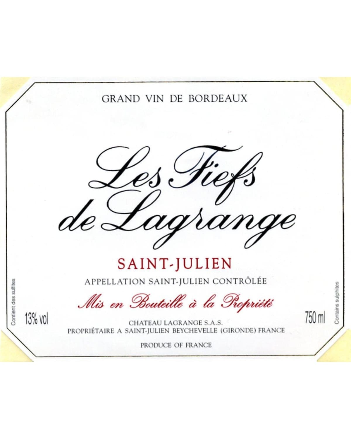 Chateau Lagrange Les Fiefs de Lagrange 2015 Front Label
