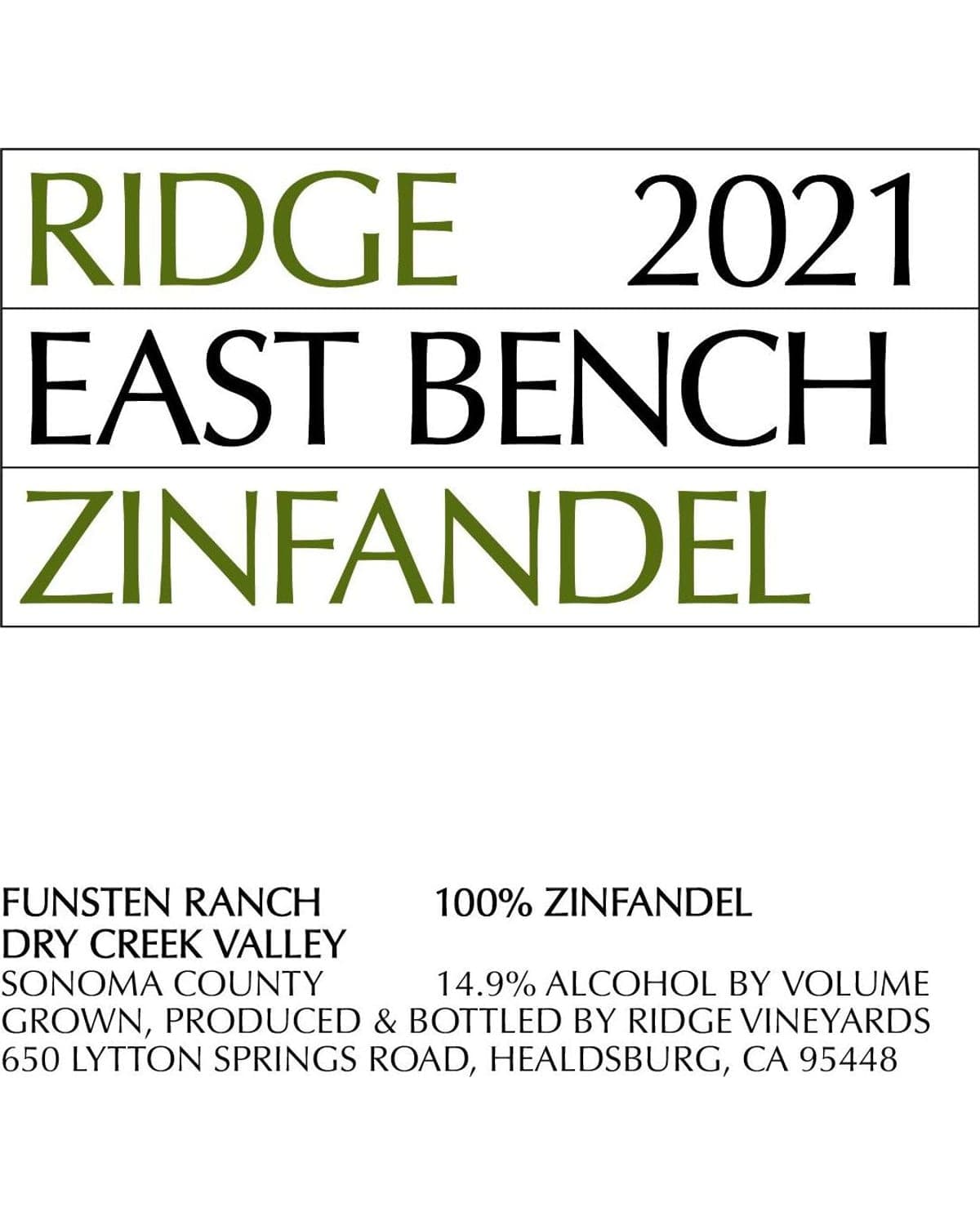 Ridge East Bench Zinfandel 2021 Front Label